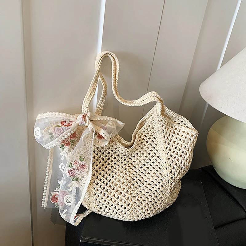 Solid Crochet Tote Handbag Summer Beach Bag Fashion Womens Mesh Woven Shoulder Bags Large Capacity Knitting Underarm Bag 250515