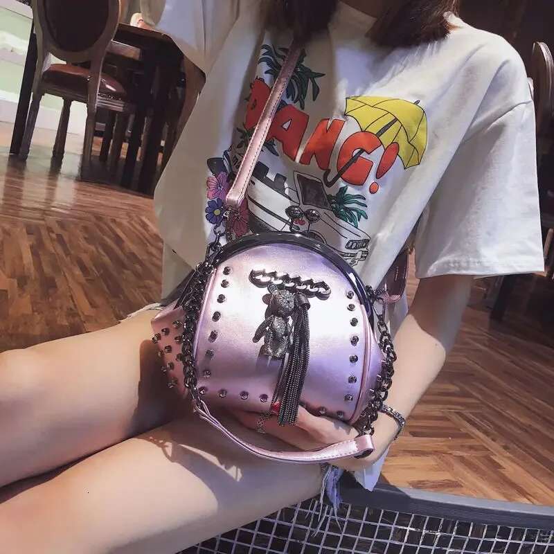 Rivet Metal Fringe Dia Women Shoulder Trend Stylish Chic Cartoon Pendant Crossbody Bag PU Leather Chain Female Handbag