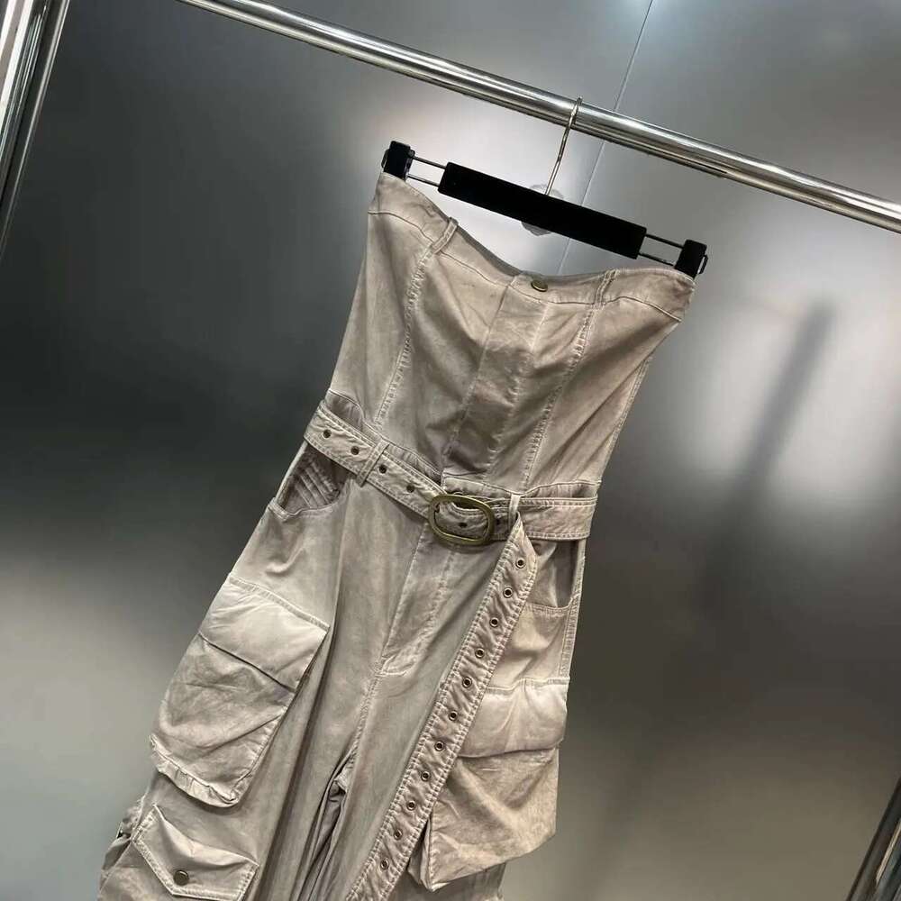 Getspring Women Jumpsuit 2023 Autumn Sleeveless Strapless High Waist Belt Multi Pockets Design Loose Casual Long Cargo Pants New