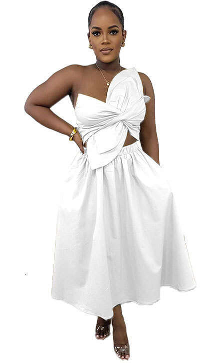 White Dress Maxi Dress S10836 Sexy Solid Color Embracing Single Shoulder Petal Hollow Dress KQ