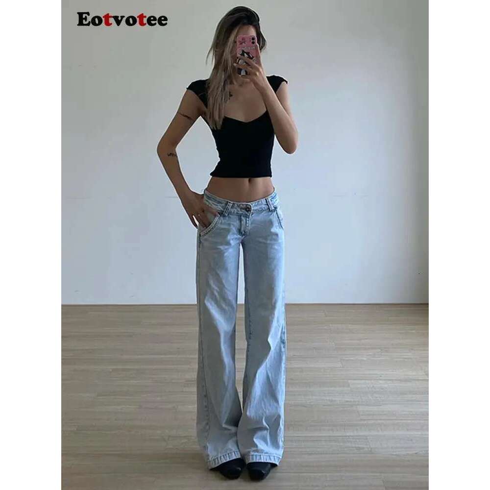 EOTVOTEE Vintage Blue Low Waist Jeans For Women American Streetwear Fashion Button Pockets Full Length Y2k Straight Pantalons Designer