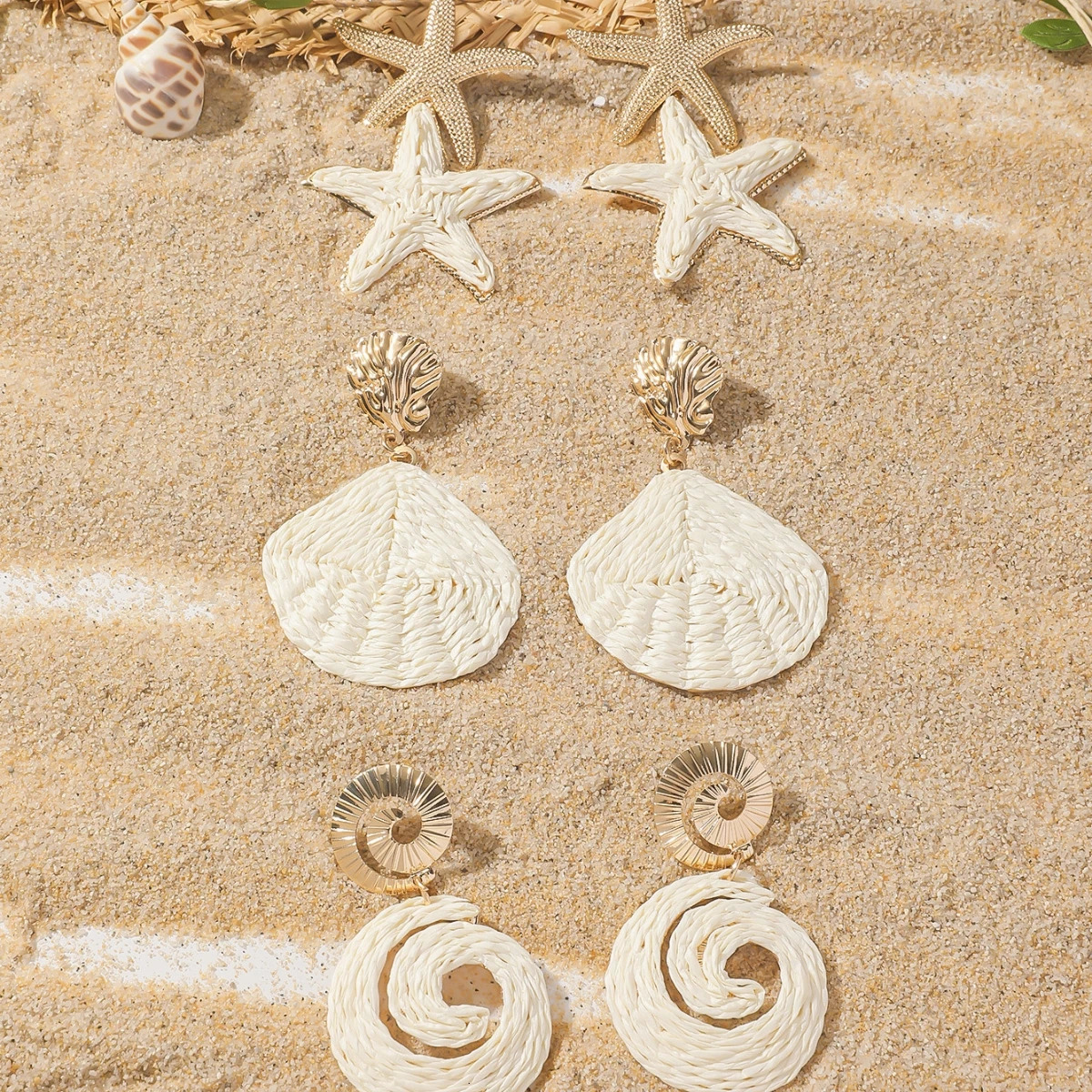 1 Set Elegant Ocean Theme Rattan Knit Drop Earrings for Women Girls Boho Summer Raffia Shell Starfish Conch Earrings Jewelry 250515