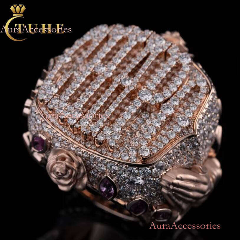 Customized Special Design 3D Pray Hand Rose Gold Sier GRA Certified Moissanite Dia Iced Out Letter Ring