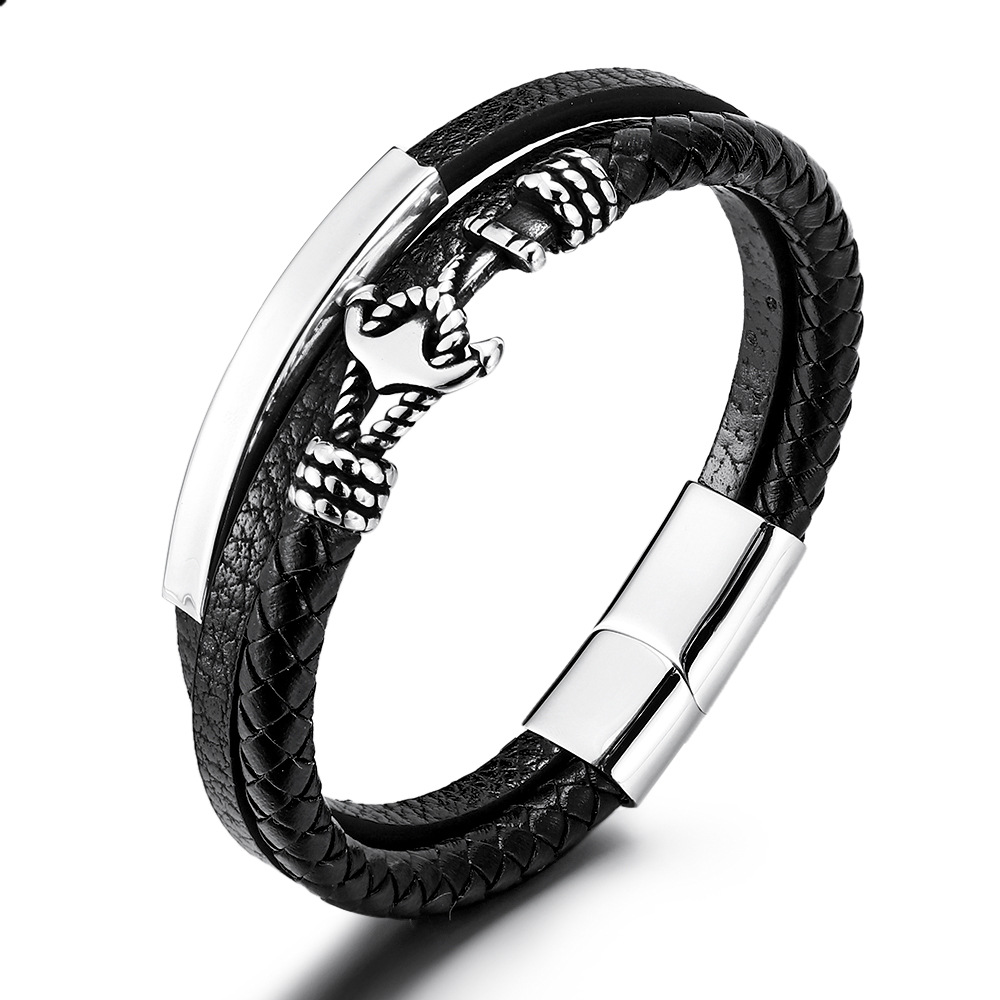 Fashionable Multi-Layer Black Leather Anchor Bracelet for Men, Stainless Steel Clasp, Trendy Woven Design