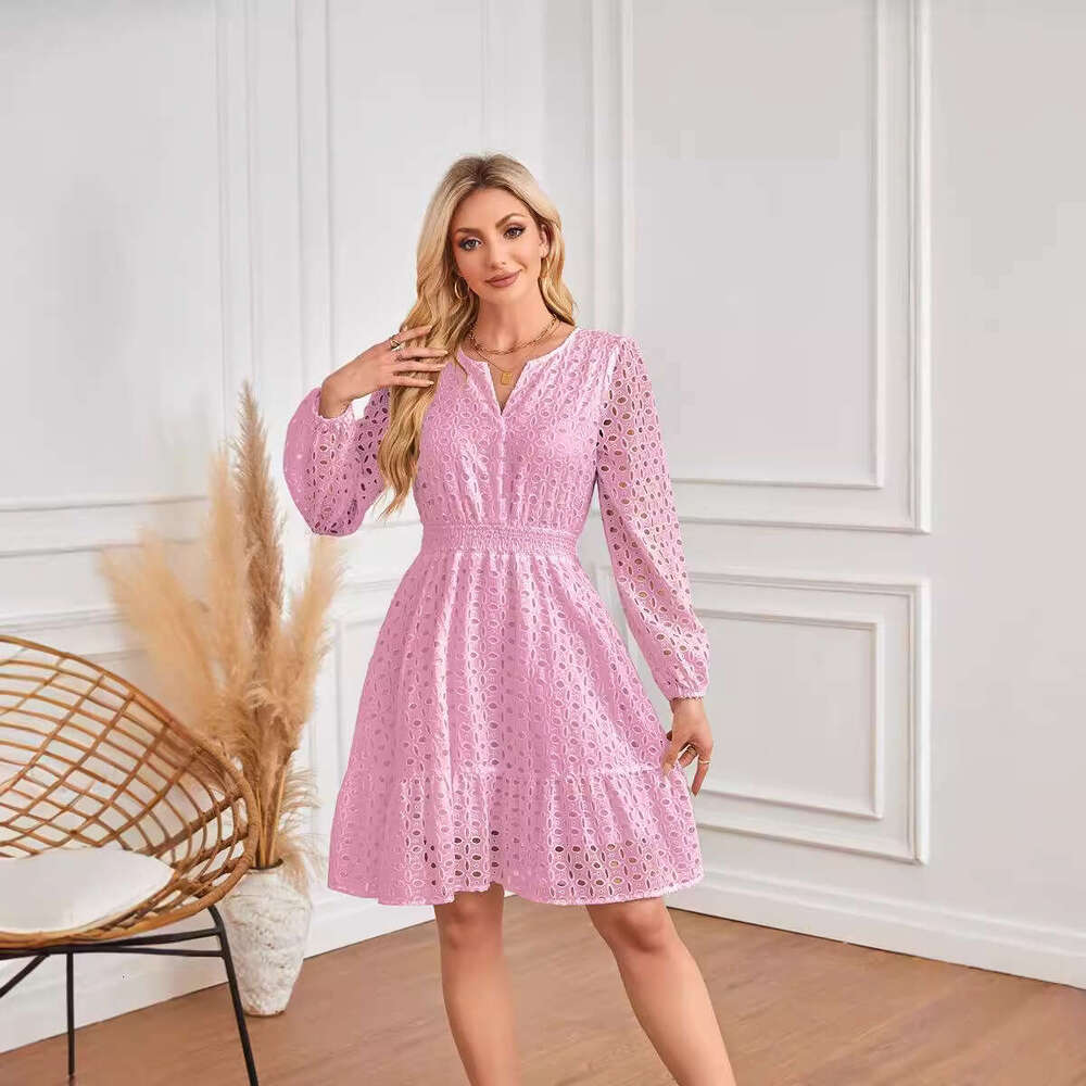 White Dress Maxi Dress 2024 Women's V-Neck Hollowed Out Eyelets Embroidered Pleated Long Sleeved Dress KQ