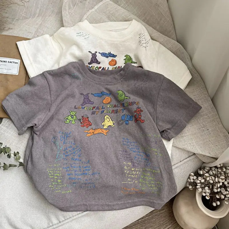 Korean Summer Baby Boy Shirt Pure Cotton Contrat Animal Letter Short Sleeve Kid Boy Tees Soft Round Collar Little Boy Undershirt 250515