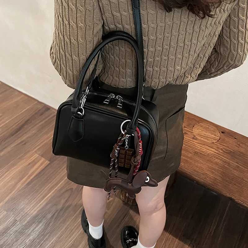 Wens Pu Leather Cute Mini Bost Handbag Brown Bowling Crossbody Bag High-end Korean Shoder Bag Ladies Versatile Tote Z250516