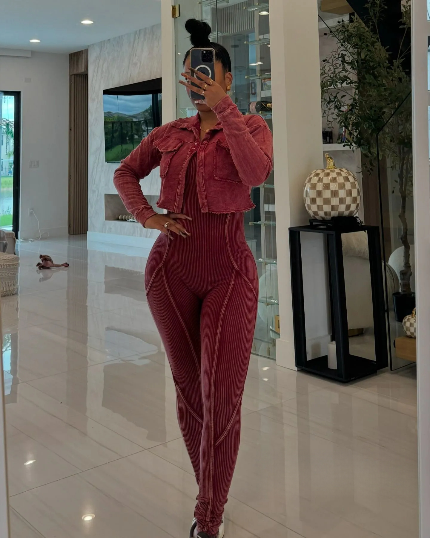 Fashion Two Piece Set Women Sexy Tights Jumpsuit Sets Full Sleeve Bomber Coat Vintage Casual Fitness Tracksuit