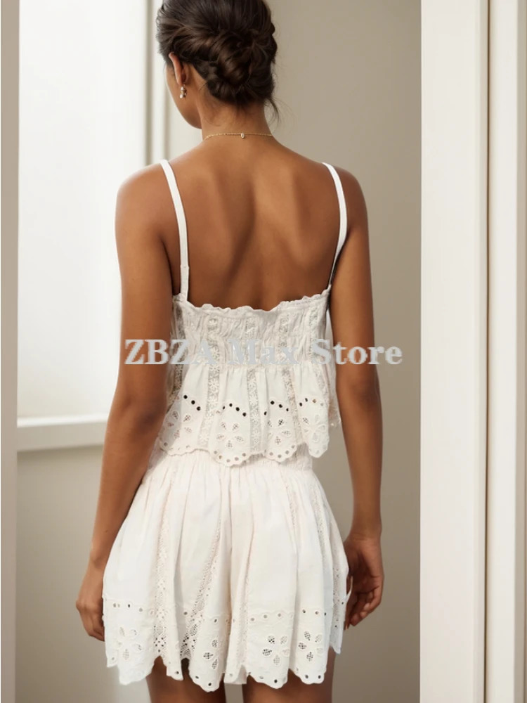 ZBZA Womens ed Strappy Suit Thin Straps Straight Neck Sleeveless Top High Waist Interior Lining Skirt Female Chic Set 250515