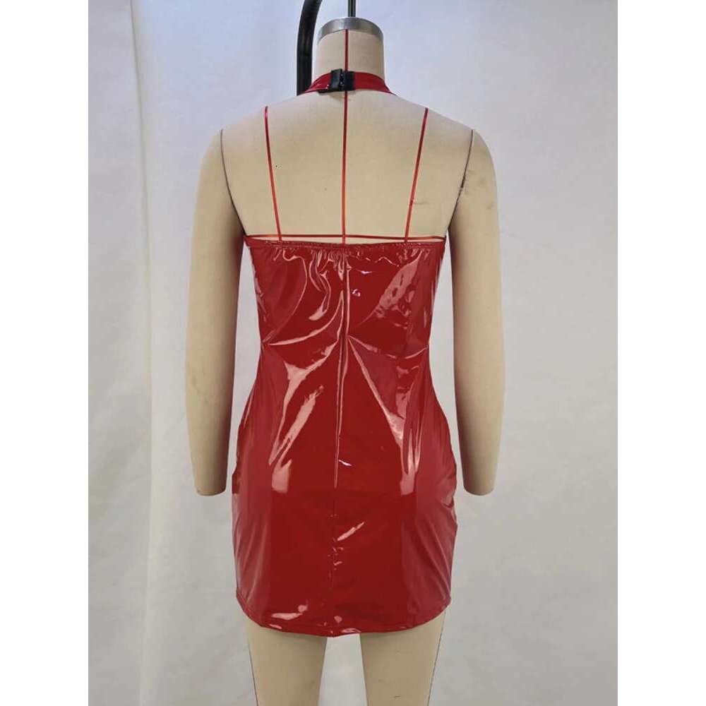 PU Patent Leather Deep V Neck Girdling Waist Slim Bodycon Women Sleeveless Skinny Mini Dress Evening Club Party