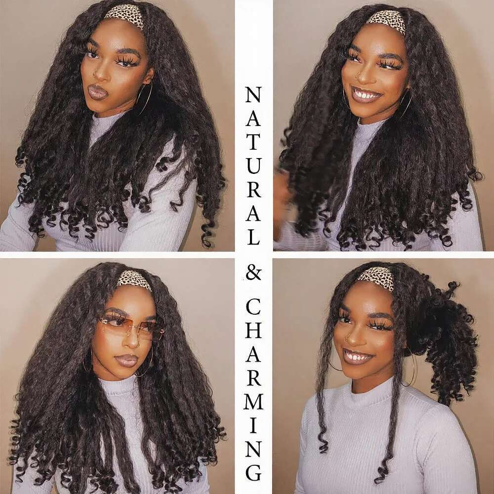 Afro Kinky Headband Curly Ends Synthetic Half Wig for Black Women Yaki Straight Glueless Wigs 200% Density