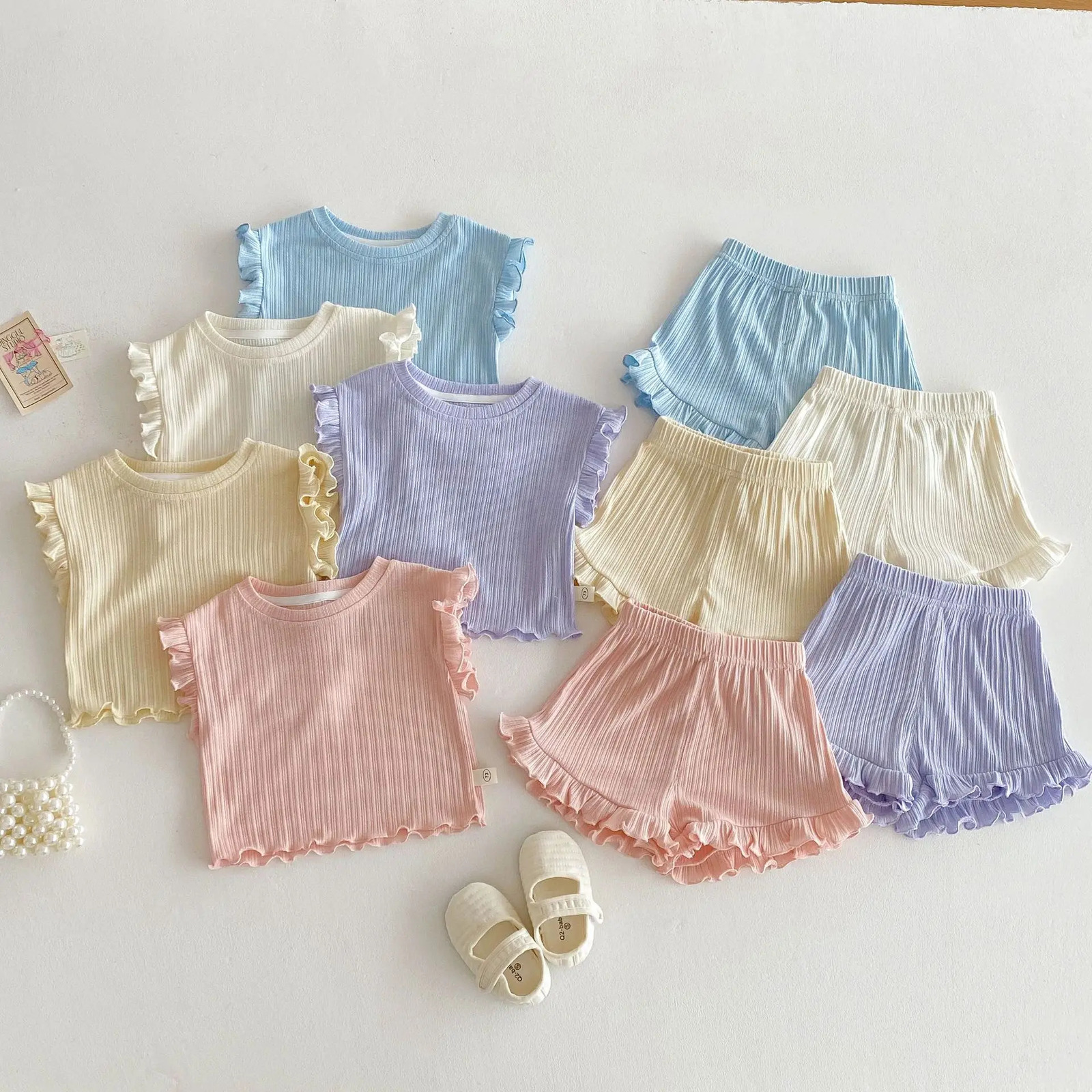 Girls Sleeveless Tees Sets Kids Solid Color Ruffled Vest Shorts 2pcs Suit Summer Baby Outfits Childrens Clothing 250515