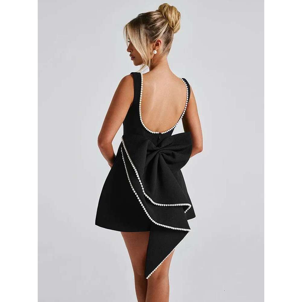 Mozision Pearl Bow Backless Sexy Mini For Women Robe Fashion Zipper Sleeveless High Waist A-line Club Party Dress Elegant