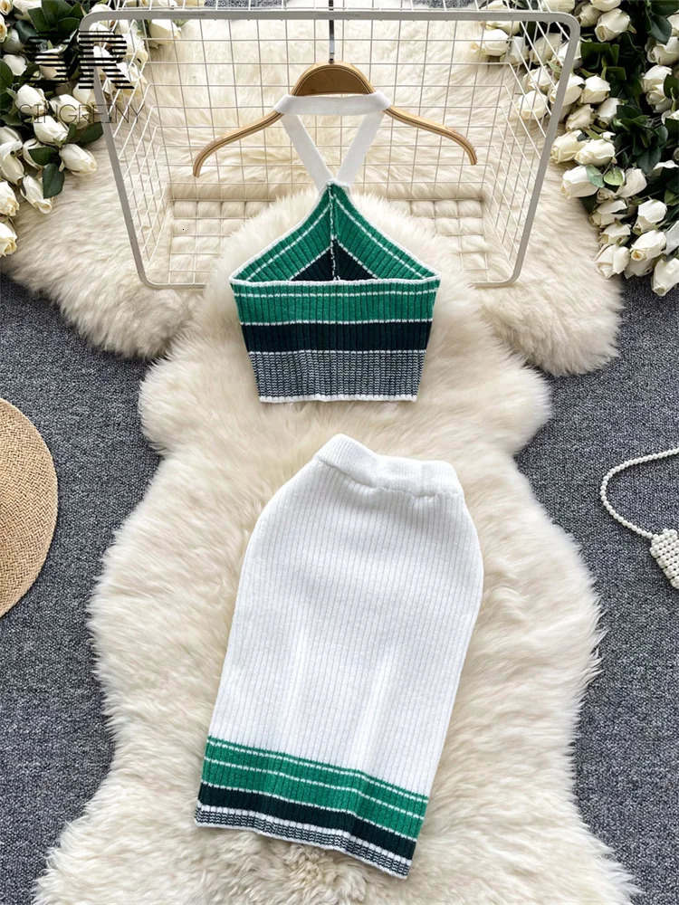 SINGREINY Contrasting Knitting Two Pieces Suits Women Summer Halter Sleeveless TopElastic Waist Skirt Fashion Casual 2pcs Set 250515