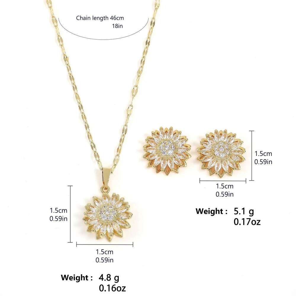 Fashion 2-Piece Of Suower Inlaid Zirconium Rotating Earrings Necklace Women Couple Holiday Gift Set Party Jewelry