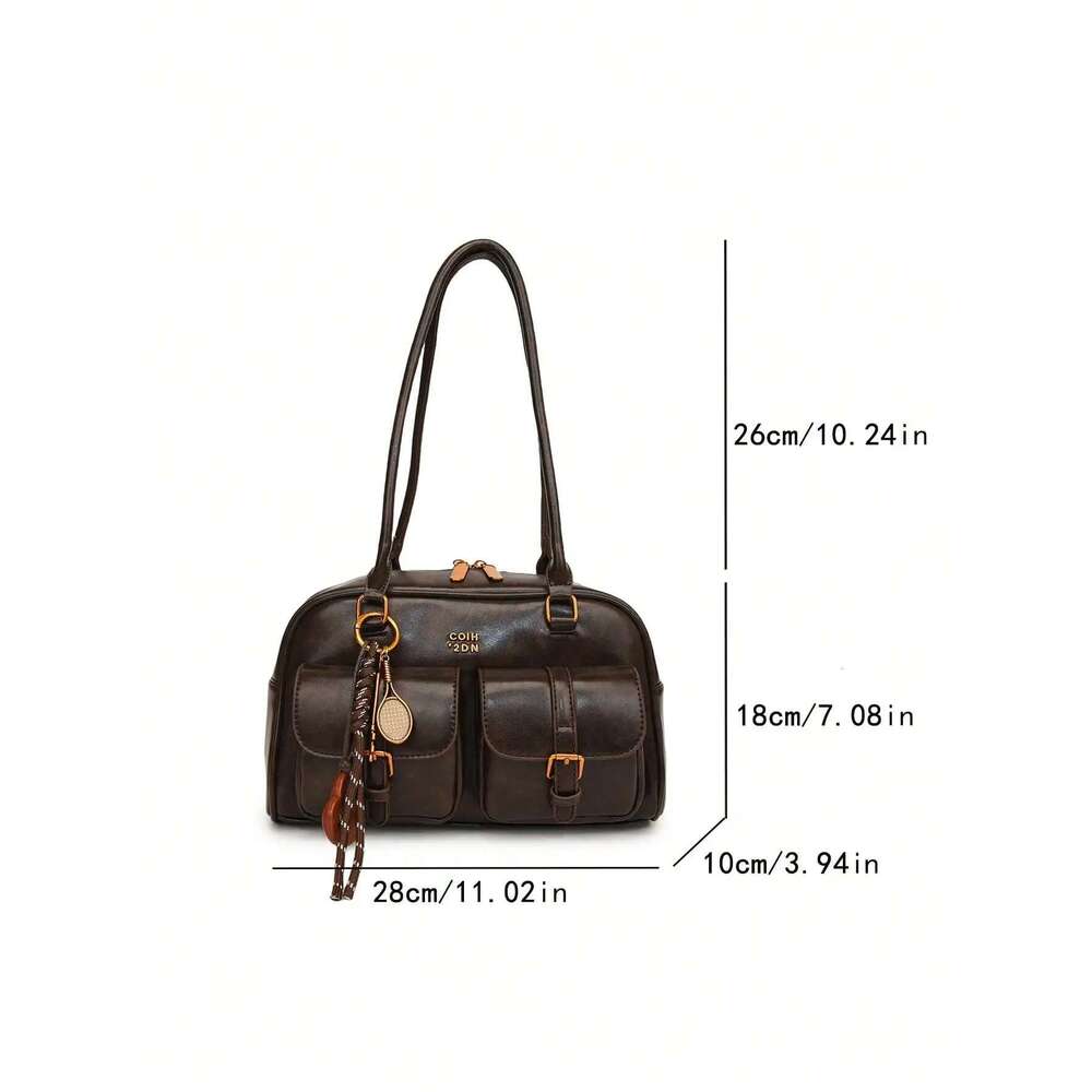 Vintage Brown Tote For Women, Crossbody Shoulder Bag With Metal Buckles & Keychain, Stylish Spacious Daily Purse