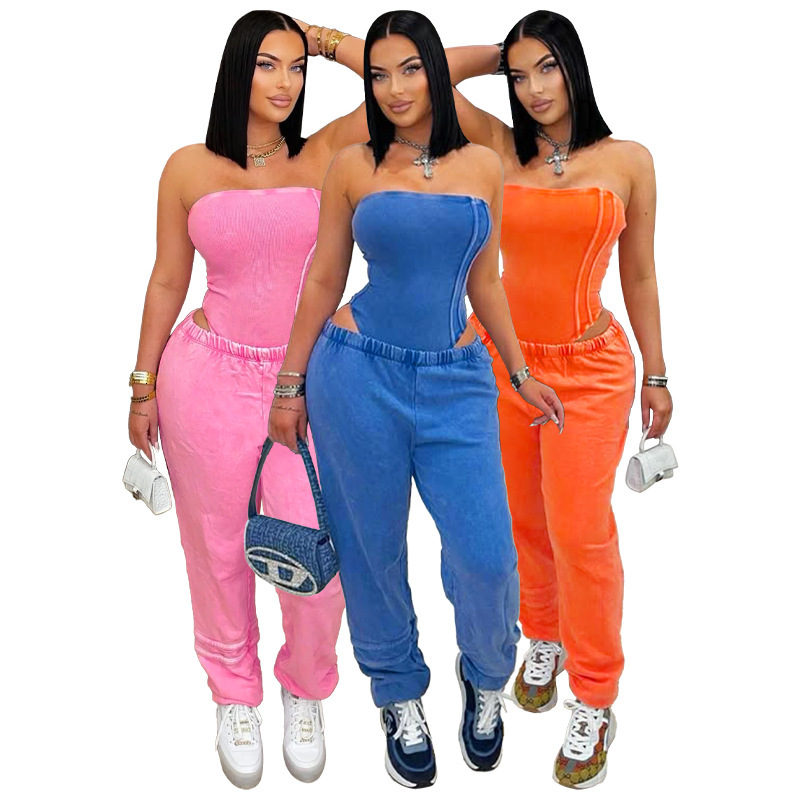 HR25082 womens washed worn strapless slim fitting jumpsuit loose fitting foot binding two-piece set