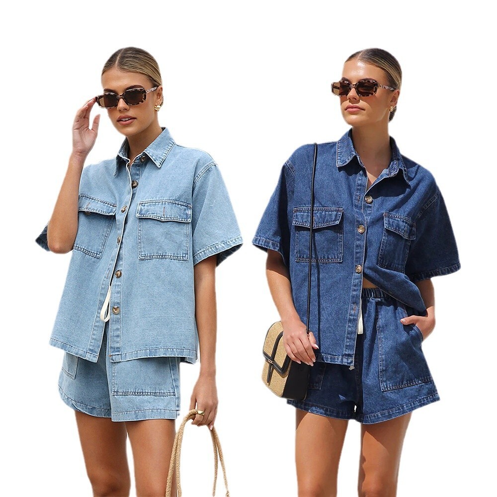 2025 Summer Two Piece Set For Womens Casual Loose Pocket Short Sleeve Shirt Cowboy Clothes 4 Colors