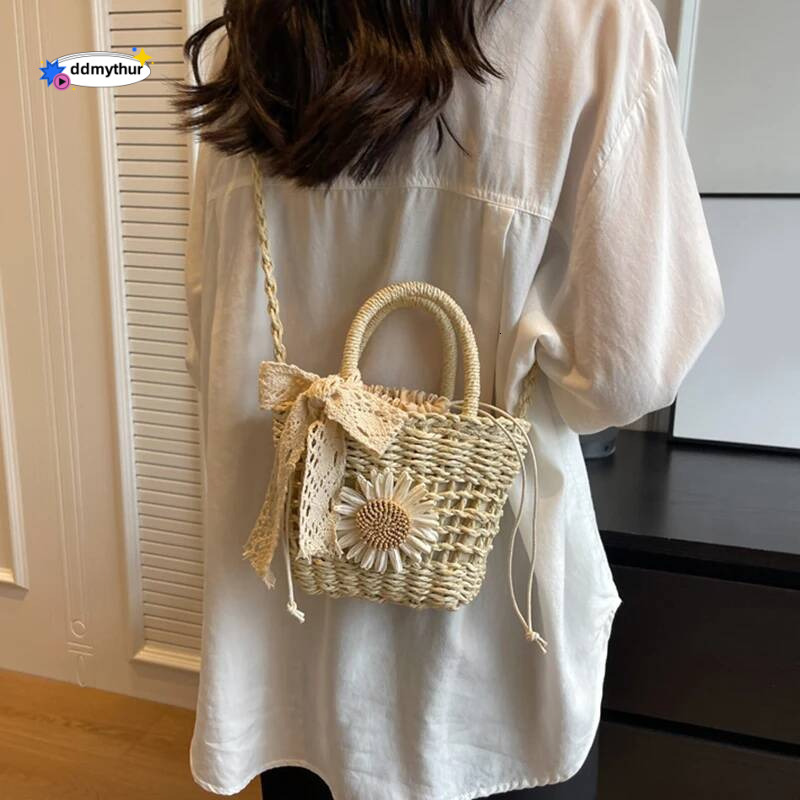 New Lace Bow Handbag Dacron Square Shape Straw Weave Small Bucket Tote Bag ddmythur
