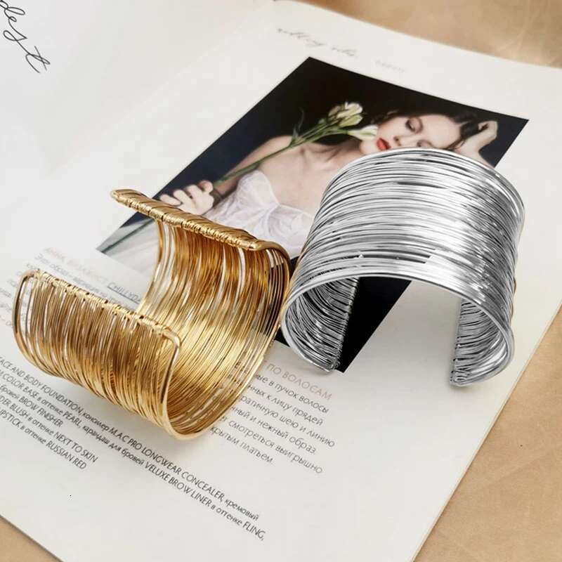 Bangle For Women Open Wide Wire Bracelets Gold Color Wrist Cuff Wrap Bracelet