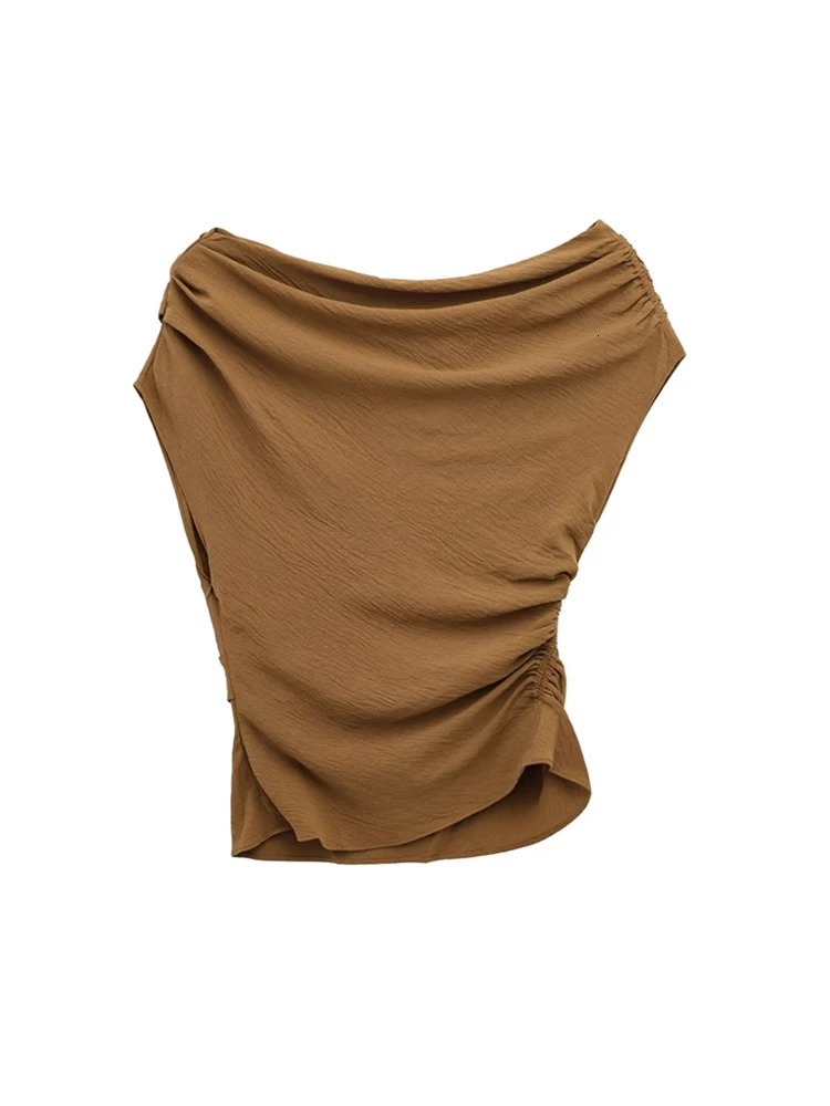 TRZA Womens Asymmetric Draped Blouse ONeck Sleeveless Chic Fashion Top Female Shirt 250515