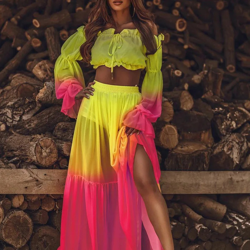 Autumn Chic Sexy Off Shoulder Ruffle Blouse Slit Long Skirt Women Suit Vintage Colorful Print Two Piece Set Lady Elegant Outfiit 250515