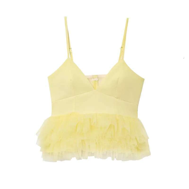 TRAF Yellow Puffy Mesh Tops for Strap Ruffle Crop Woman Sexy Backless Tulle Female Summer Camisole Short Top Women