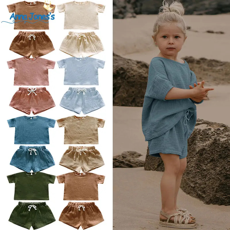Summer 100% Cotton Kids Boys Girls Clothes Set Loose Casual Short Sleeve TopShorts Baby Outfits for Children Clothes Suits 250515