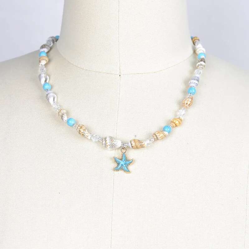 Bohemian Natural Stone Chain Clavicle Charm Starfish Conch Pendant Rice Bead Necklace Choker Women's Beach Jewelry