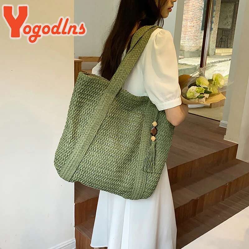 Design Straw Woven Tote Bag Summer Casual Large Capacity Tassel Handbags Fashion Beach Women Travel Shoulder Bag