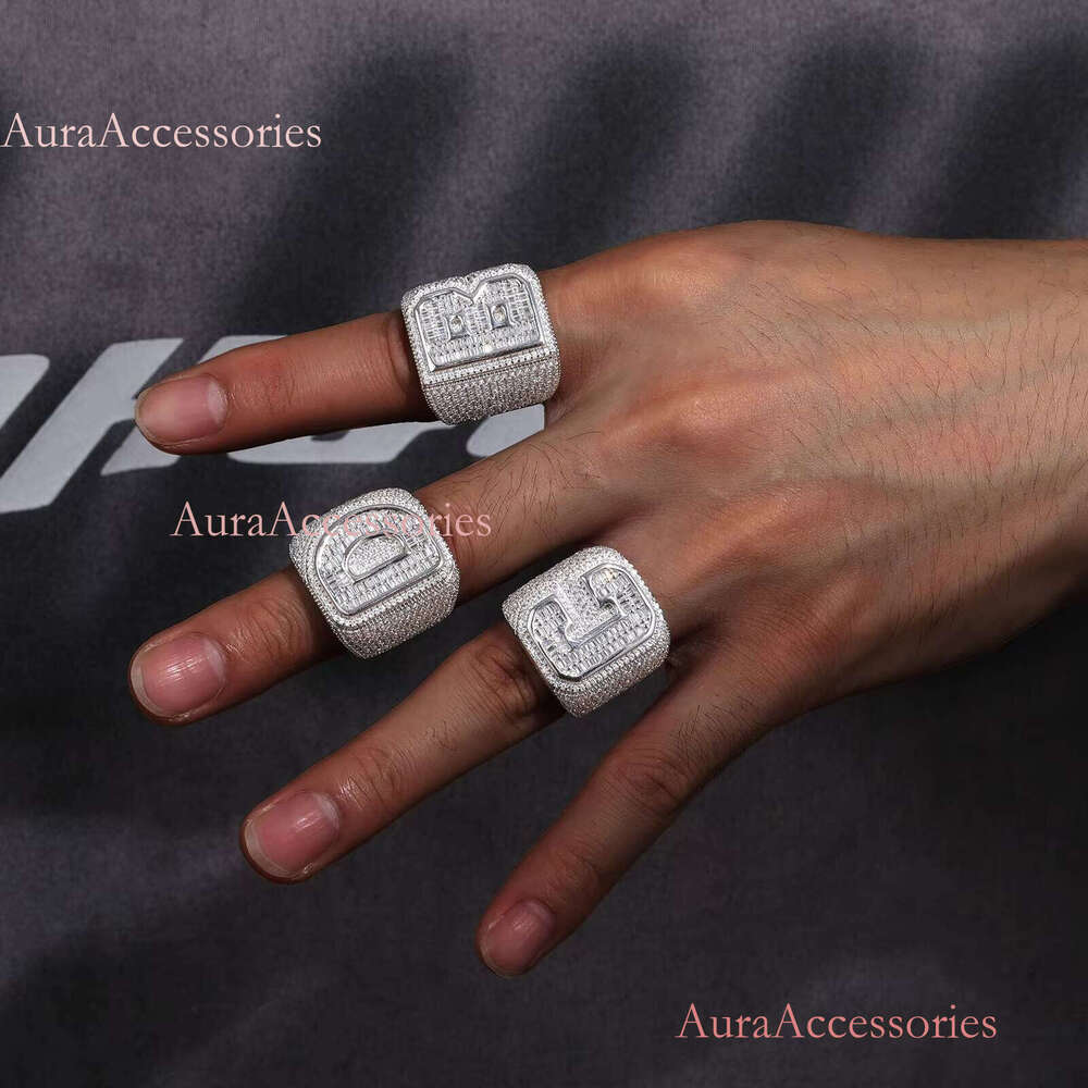 D VVS Moissnite Baguette Custom Ring Initials A-Z 26 Letters Rings for Women Men Couple Alphabet Name Iced Out Hip Hop Jewelry