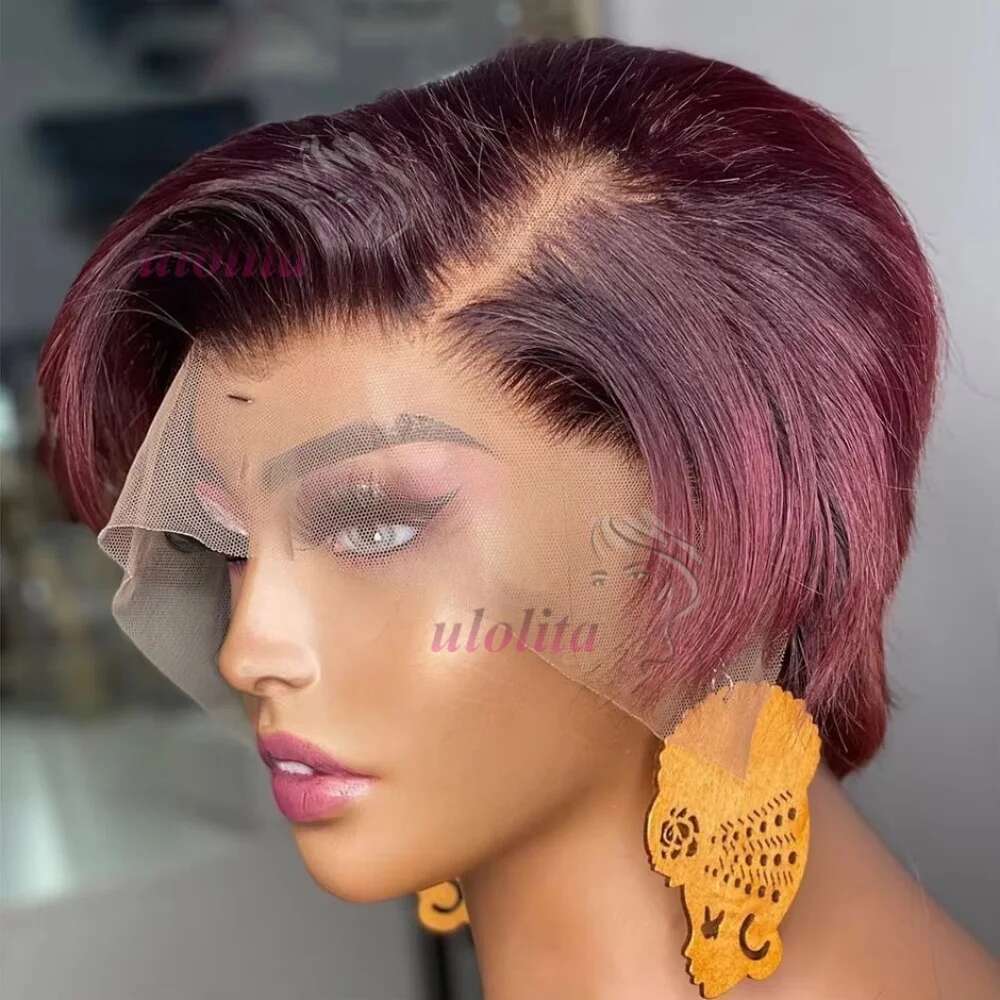 99JPixie Cut 13x4 Transparent Front Wigs For Women Short Bob Inidan Pre Plucked Lace Frontal Human Hair Wig 180 Density