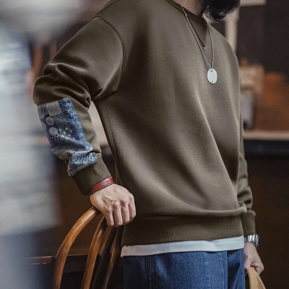 Maden Vintage Boro Patchwork Sweatshirt Casual Round-Neck Tops Men's Classic Pullover For Spring And Autumn Fashion Streetwear Designer
