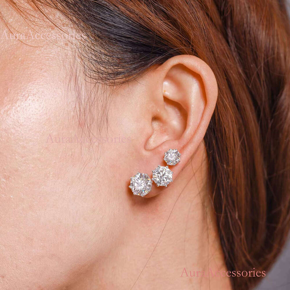Men Women Jewelry 5mm~15mm Sterling Sier 8 Prong Set Push Back Moissanite Dia Big Stud Earring for Gift