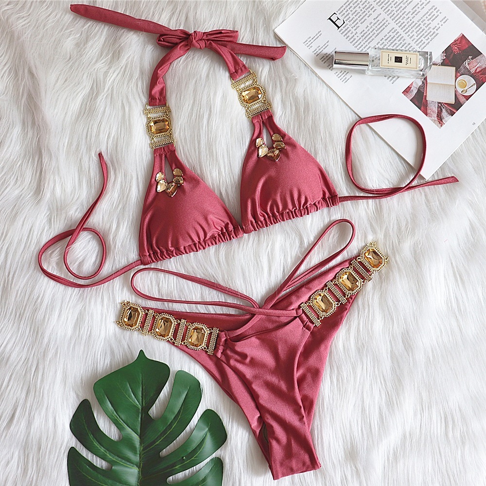 Ladies' New Bikini Designer Sexy Crystal Bandage Split Swimsuit Fashionable Metal Strap Cross Outdoor Beach Wear Brazil Style