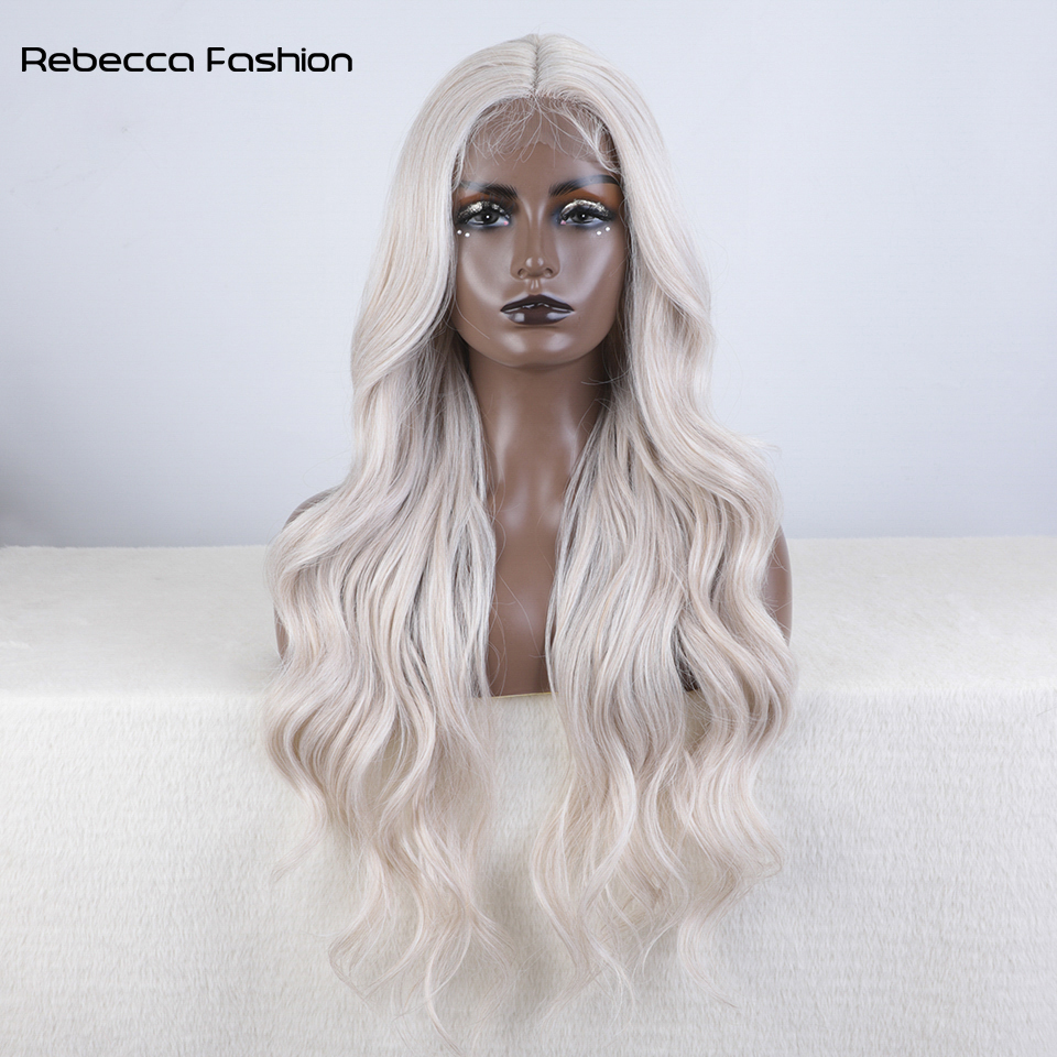 Rebecca Fashion Synthetic Front With Baby Hair Body Wavy Wigs For Women 28 Inch Ombre Brown Higlight Cosplay Lace Wig