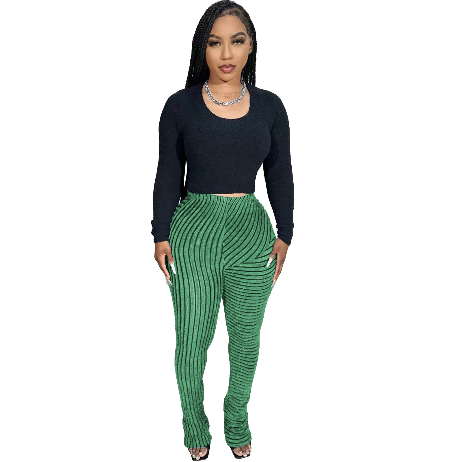 HR23101 Womens Fur Texture Breathable Large Elastic Fashion Casual Versatile Slim Fit Stacked Pants