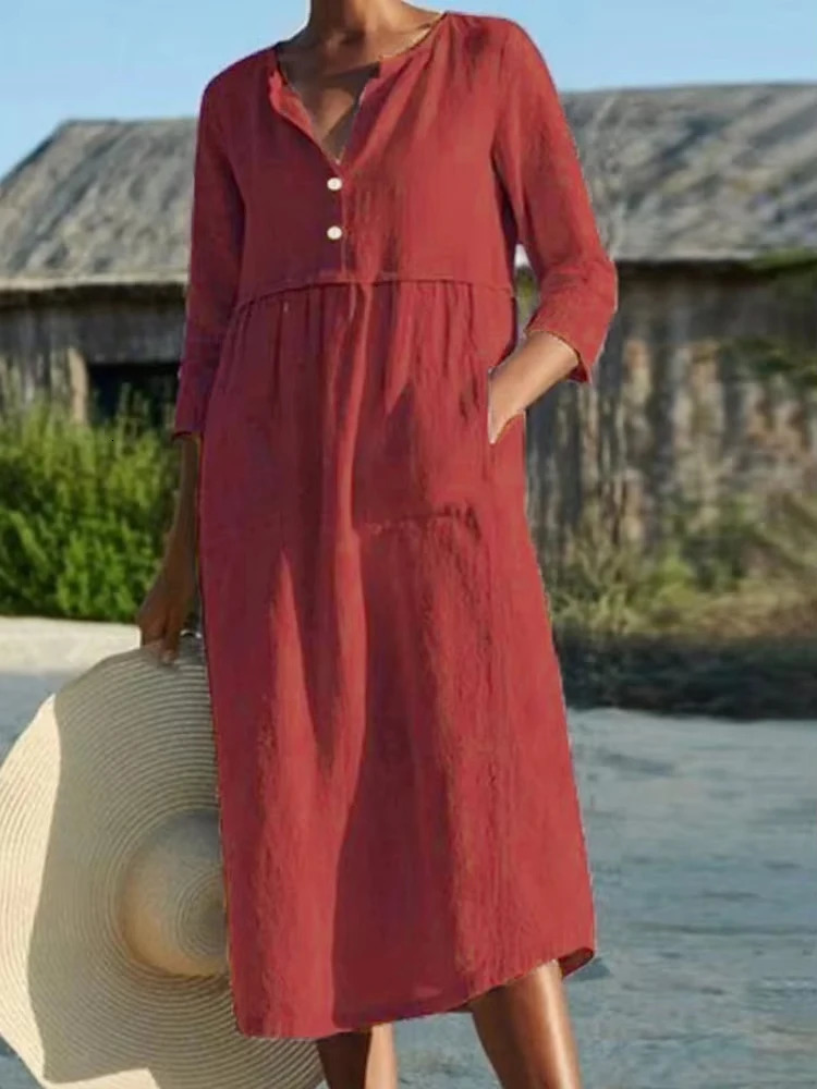 Plus Size Womens Linen Shirts Dress Fall V Neck 34 RolledUp Sleeve Pleated Soft Beach Yoga Shift with Pockets 250506