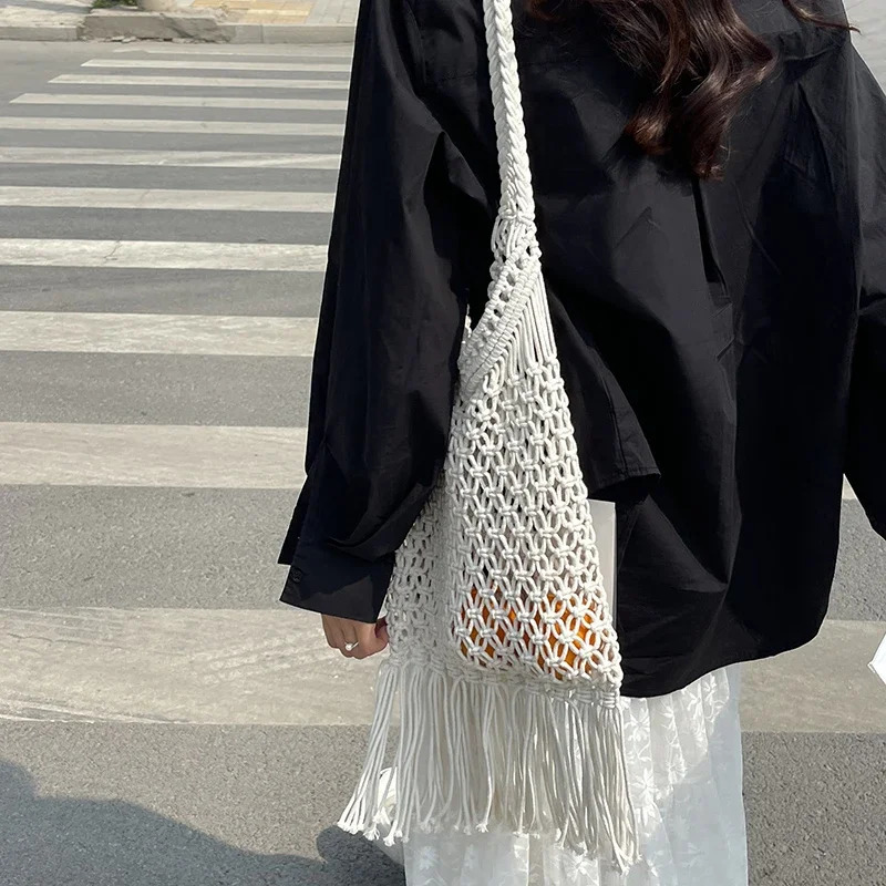 Bohemian Woven Bag for Women Trendy Tassel Shoulder Bags Ladies Casual Summer Travel Handbag Solid Color Beach Mesh Bags 250515
