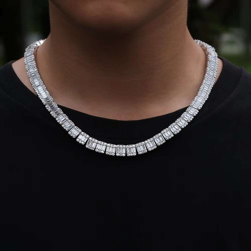 Hip Hop Men's Jewelry Iced Out CZ Baguette Sier square Tennis Chain Copper Man Necklace