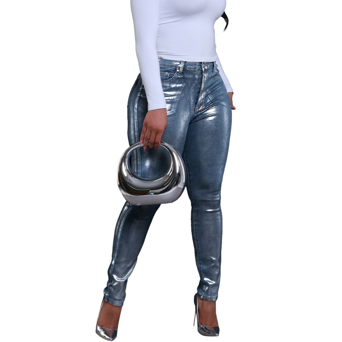 HR88011 womens clothing hot stamping technology hot stamping silver tight elastic jeans