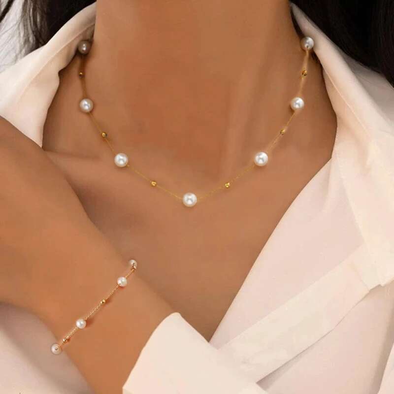 2 Pcs Exquisite Gold Color Bohemian For Women Fashion Pearl Cross Pendant Necklace Bracelet Set Casual Jewelry Gifts