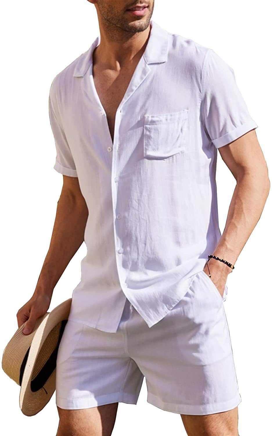 Men's Short Sleeved Set For Summer, Loose Fitting Designer, Casual Cotton And Linen Shirt, Fashionable Short Sleeved