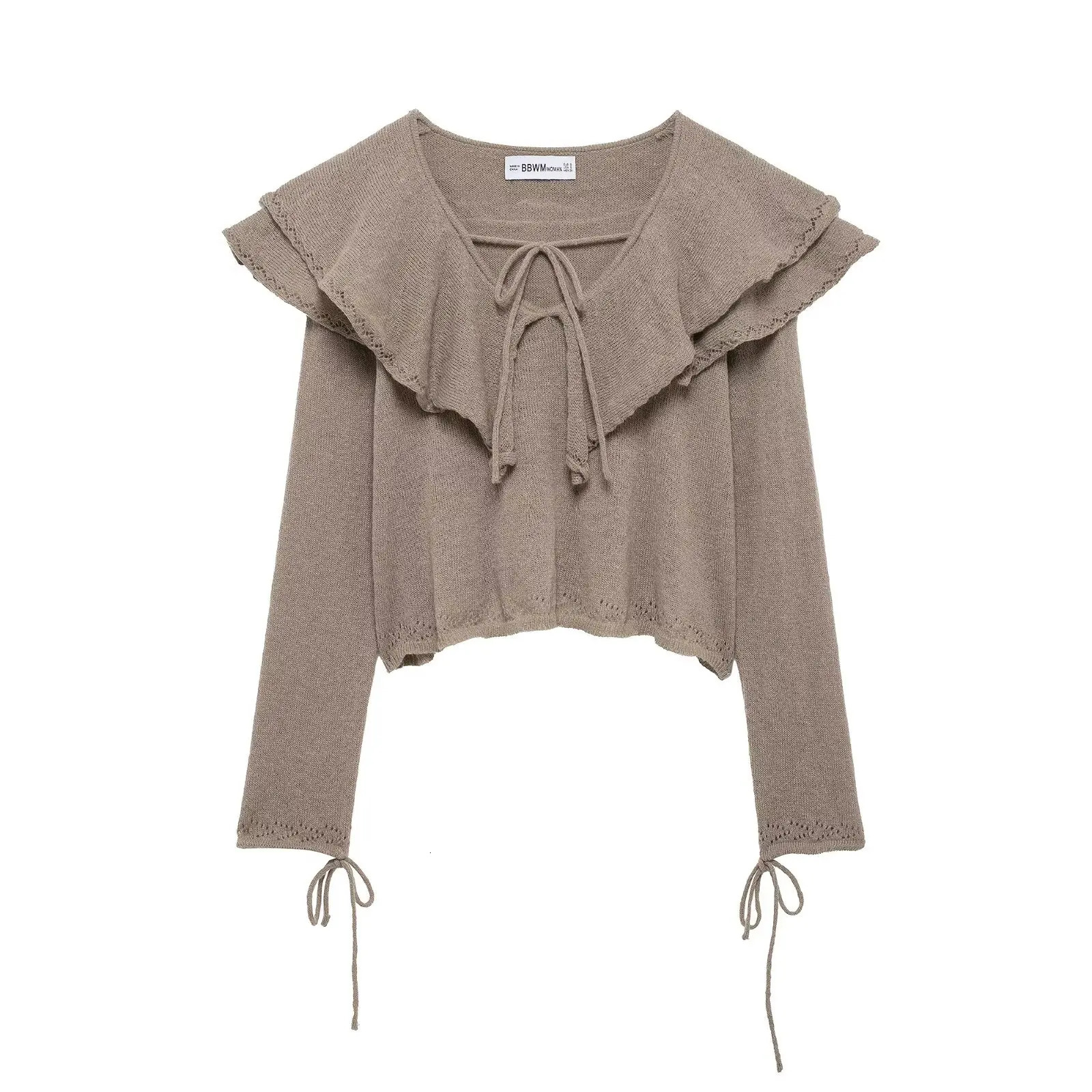 Zevity Women Fashion V Neck Cascading Ruffle Crochet Knitting Short Blouse Female Casual Shirt Blouses Chic Crop Tops LS9134 250515