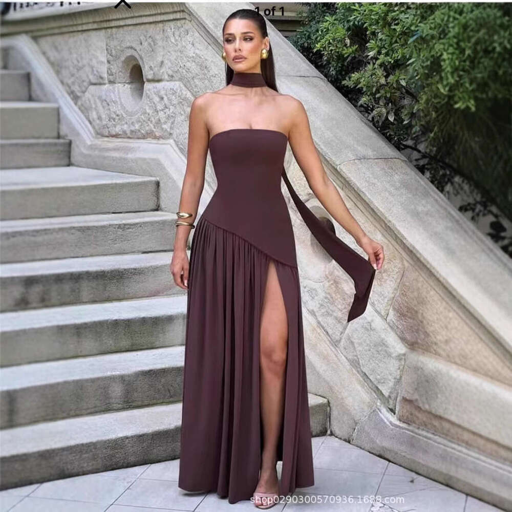 White Dress Maxi Dress Sdm144 Temperament Contrasting Zipper Tight Dress Irregular Slit Sexy Vacation Long Quality Skirt KQ