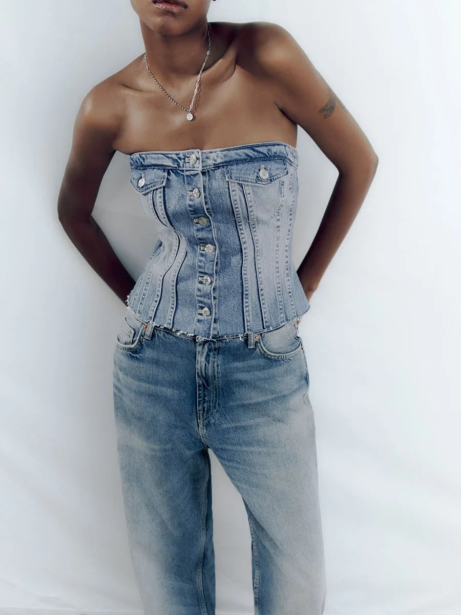 Womens Fitted Tube Tops Blue Sleeveless Off Shoulder Denim Bandeau Summer Clothes 250515