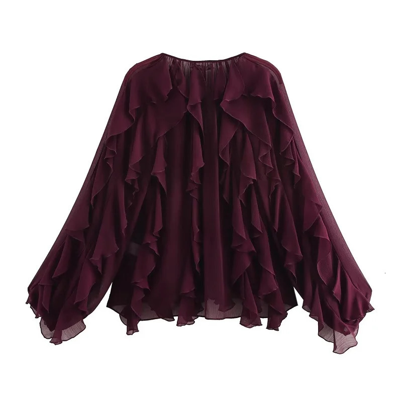 TRAF Ruffle Womens Blouses Semi Sheer Casual Woman Spring Fairy Shirts and for Lady Long Sleeve Tops 250515