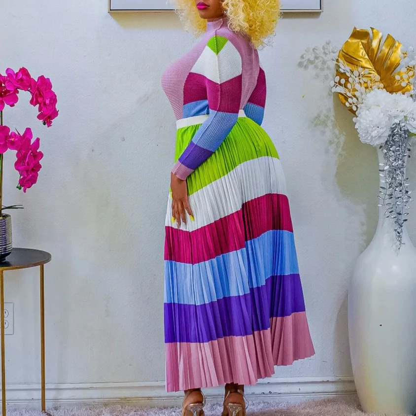 Elegant 2 Pieces Skirts Sets for Woman Striped Printed Full Sleeve Blouse Pleated Fashion Female Birthday 250515