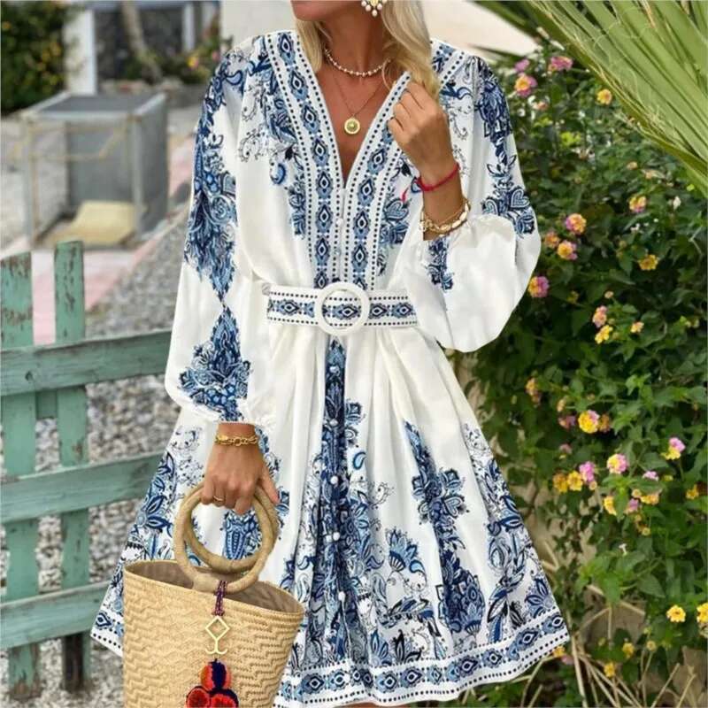 Autumn Women's Fashion V-Neck Long Sleeved Bohemian Printed Retro Lantern Sleeve Chinese Style Blue White Porcelain Dress
