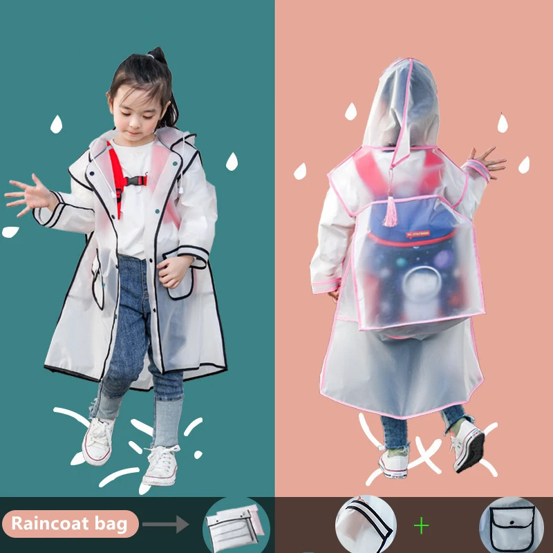 EVA Transparent Children Raincoat Girls Whole Body Waterproof Boys Kindergarten Pupils Poncho With Schoolbag Space 250515